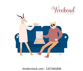 Couple having weekend at home vector poster concept. Boyfriend and girlfriend eating pizza on sofa isolated clipart. Wife and husband flat characters. Humanized animals friends spending time together