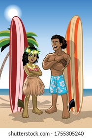 couple of hawaiian native surfer boy and girl