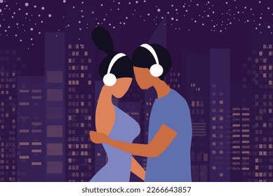 Couple with headphones listening to music. Happiness, loving, relaxation, good mood, rest concept  vector illustration.