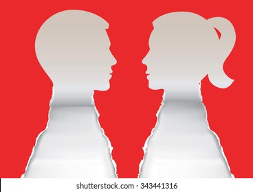 Couple heads paper silhouettes. Illustration of Couple heads paper silhouettes with ripped paper and place for your text or image. Vector available.	 