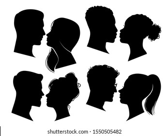 Couple heads in profile. Man and woman silhouettes, black outline face to face anonymous profiles. Avatar isolated adult portraits of people falling in love vector set
