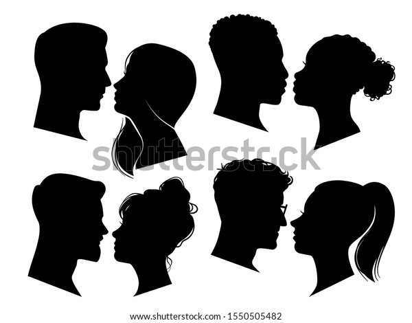 Couple heads in profile. Man\
and woman silhouettes, black outline face to face anonymous\
profiles. Avatar isolated adult portraits of people falling in love\
vector set