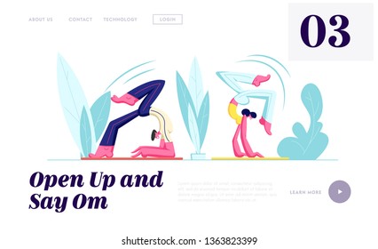 Couple of Healthy People Doing Yoga Asana Standing on Hands, Sport Life Activity, Man and Woman in Scorpion Pose, Yoga Class. Website Landing Page, Web Page. Cartoon Flat Vector Illustration, Banner