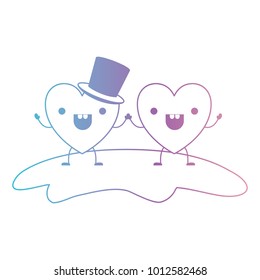 couple heart character kawaii holding hands and him with top hat in cheerful expression in degraded blue to purple color contour