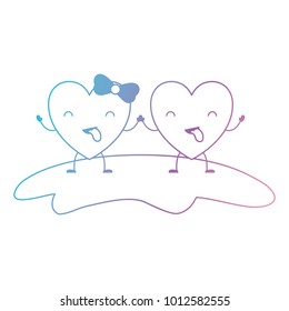 couple heart character kawaii holding hands and closed eyes and her with topknot in funny expression in degraded blue to purple color contour