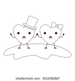 couple heart character kawaii holding hands and him with top hat and her with topknot in surprised expression in brown dotted contour