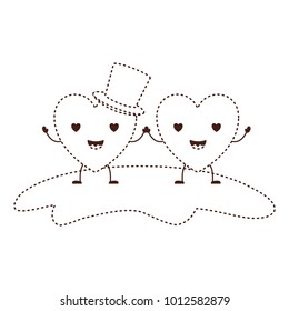couple heart character kawaii holding hands and him with top hat in enamored expression in brown dotted contour
