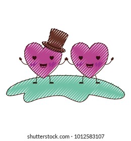 couple heart character kawaii holding hands and him with top hat in enamored expression in colored crayon silhouette