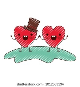couple heart character kawaii holding hands and him with top hat in cheerful expression in colored crayon silhouette
