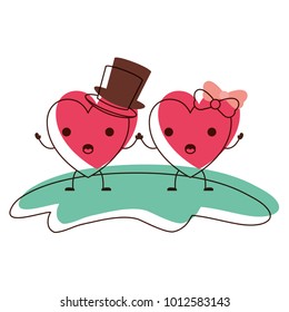 couple heart character kawaii holding hands and him with top hat and her with topknot in surprised expression in watercolor silhouette