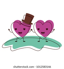 couple heart character kawaii holding hands and him with top hat in enamored expression in watercolor silhouette