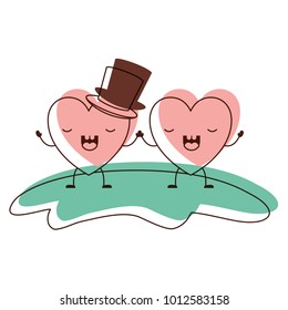 couple heart character kawaii holding hands and him with top hat in frightened expressio in watercolor silhouette