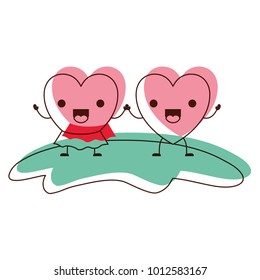 couple heart character kawaii holding hands and her with skirt in jolly expression in watercolor silhouette