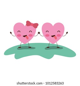 couple heart character kawaii holding hands and closed eyes and her with topknot in funny expression in colorful silhouette