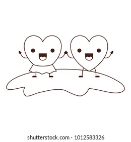 couple heart character kawaii holding hands and her with skirt in jolly expression in brown contour