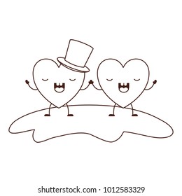 couple heart character kawaii holding hands and him with top hat in frightened expression in brown contour