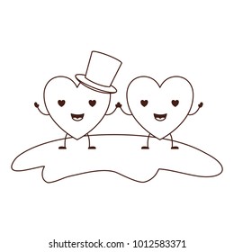 couple heart character kawaii holding hands and him with top hat in enamored expression in brown contour