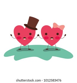couple heart character kawaii holding hands and him with top hat and her with topknot in surprised expression in colorful silhouette