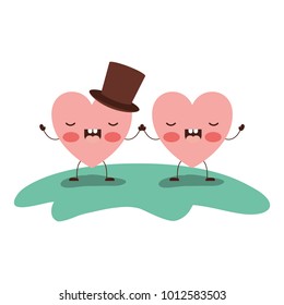 couple heart character kawaii holding hands and him with top hat in frightened expression in colorful silhouette