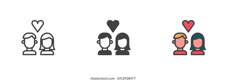 Pareja con un conjunto de iconos de estilo diferente para el corazón. Línea, glifo y contorno relleno versión colorida, contorno y signo vectorial relleno. Símbolo de amor, ilustración del logo. Gráficos vectoriales