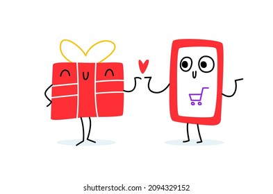 A couple with a heart: a gift and a phone. They hold hands and smile. Funny cute emotions. Shopping cart icon.