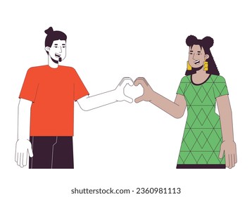 Couple heart hands flat line color vector characters. Caucasian man and latina woman. Heart gesture. Editable outline half body people on white. Simple cartoon spot illustration for web graphic design