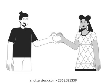 Couple heart hands flat line black white vector characters  Man   woman  Heart gesture  Editable outline half body people white  Simple cartoon isolated spot illustration for web graphic design
