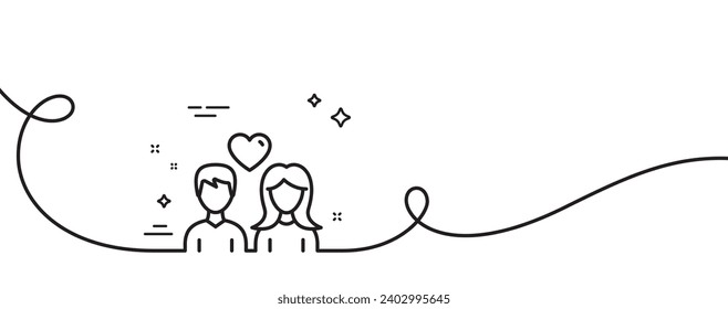 Couple with Heart line icon. Continuous one line with curl. Users Group sign. Male and Female Person silhouette symbol. Couple love single outline ribbon. Loop curve pattern. Vector