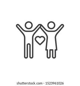 Couple with heart line icon. Friends with raised hands linear style sign for mobile concept and web design. Love and friendship outline vector icon. Symbol, logo illustration. Vector graphics