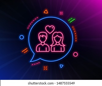 Couple with Heart line icon. Neon laser lights. Users Group sign. Male and Female Person silhouette symbol. Glow laser speech bubble. Neon lights chat bubble. Vector