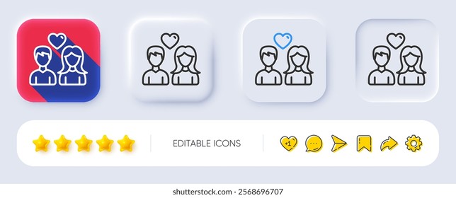 Couple with Heart line icon. Neumorphic, Flat shadow, 3d buttons. Users Group sign. Male and Female Person silhouette symbol. Line couple love icon. Social media icons. Vector