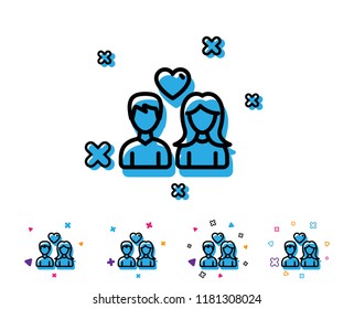 Couple with Heart line icon. Users Group sign. Male and Female Person silhouette symbol. Line icon with geometric elements. Bright colourful couple love design. Vector