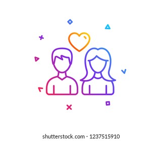 Couple with Heart line icon. Users Group sign. Male and Female Person silhouette symbol. Gradient line button. Couple love icon design. Colorful geometric shapes. Vector