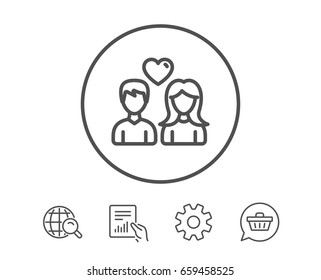 Couple with Heart line icon. Users Group sign. Male and Female Person silhouette symbol. Hold Report, Service and Global search line signs. Shopping cart icon. Editable stroke. Vector
