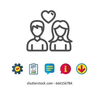 Couple with Heart line icon. Users Group sign. Male and Female Person silhouette symbol. Report, Service and Information line signs. Download, Speech bubble icons. Editable stroke. Vector