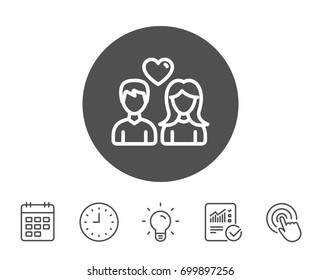 Couple with Heart line icon. Users Group sign. Male and Female Person silhouette symbol. Report, Clock and Calendar line signs. Light bulb and Click icons. Editable stroke. Vector