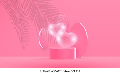 Couple heart on 3d podium with leaves shadow. Vector illustration.