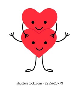 Couple of heart play, love relationship, kawaii character. Pair happy smiling hearts. Couple in love. Valentines Day. Vector illustration