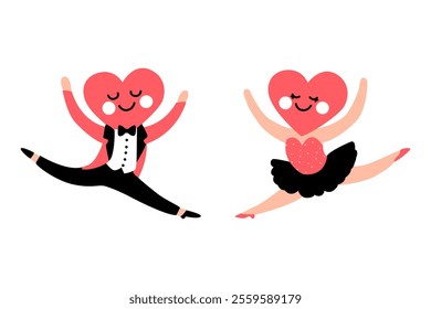 Couple of Heart Shaped Dancing Characters in Costumes isolate on white