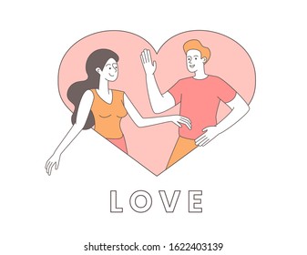 Couple in heart shaped frame illustration. Happy pair in relationship, girlfriend and boyfriend cartoon characters. Valentine day greeting card, romantic holiday postcard design element