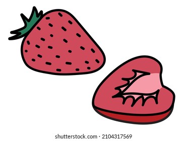 A couple of heart shaped pink red strawberries. Cute romantic Valentines day doodle cartoon hipster style vector illustration isolated on white. For greeting cards, poster or invitation.