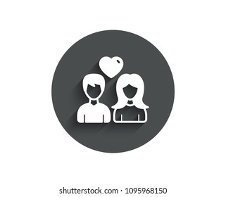 Couple with Heart simple icon. Users Group sign. Male and Female Person silhouette symbol. Circle flat button with shadow. Vector