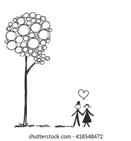 couple with heart and tree hand drawn silhouette vector