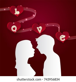Couple and Heart Valentine Day paper art background, paper cut illustration
