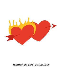Couple of hearts with arrow and flame. Valentine's day symbol of love. Vector illustration on isolated background