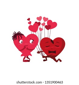 couple hearts with balloons helium kawaii characters