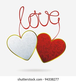 couple of hearts, bound with red ribbon as sign 'love' on light gray background