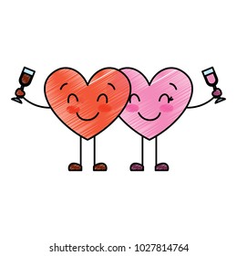 couple hearts cartoon with wine glass drink
