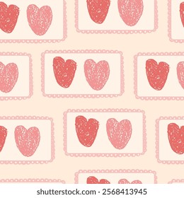Couple of hearts crayon drawn seamless pattern. Valentines day rectangular frames with love symbols repeat background. Vintage farmhouse backdrop. Romantic date motif. Vector hand drawn illustration.