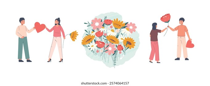 Couple with hearts and flowers. Young guys gifting girls flower. Romantic relationship, boyfriend and girlfriend. Spring summer floral bouquet, vector scenes